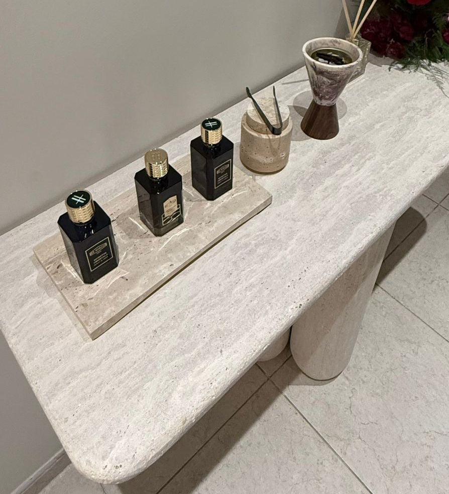 Travertine Round Base Console - 130x40x85