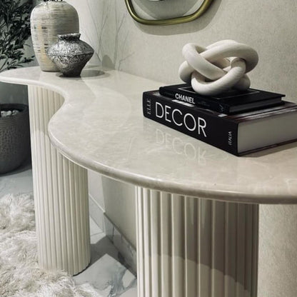 Crème Uno Marble Console – Wooden Rounded Base (160x40x90 cm)