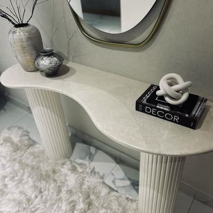 Crème Uno Marble Console – Wooden Rounded Base (160x40x90 cm)