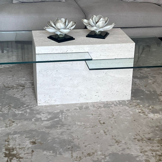 Modern Travertine & Glass Coffee Table – 140×70×45 cm