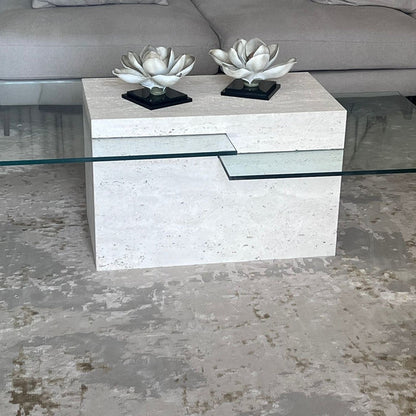 Modern Travertine & Glass Coffee Table – 140×70×45 cm