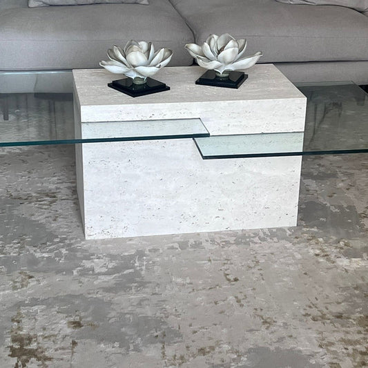 Modern Travertine & Glass Coffee Table – 140×70×45 cm