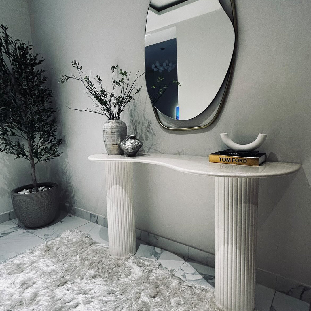 Crème Uno Marble Console – Wooden Rounded Base (160x40x90 cm)