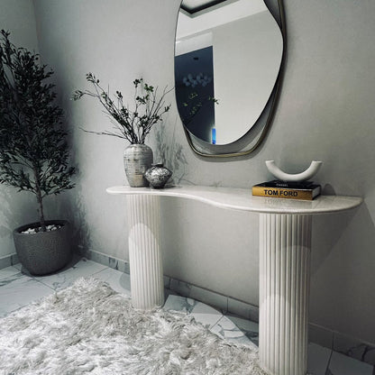 Crème Uno Marble Console – Wooden Rounded Base (160x40x90 cm)
