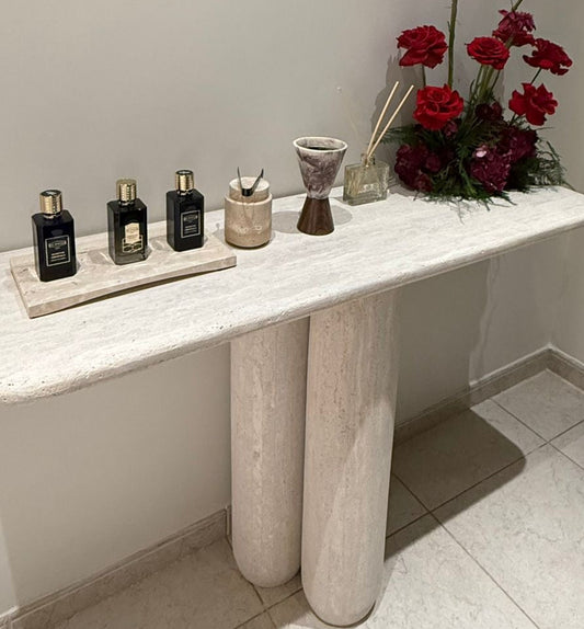 Travertine Round Base Console - 130x40x85