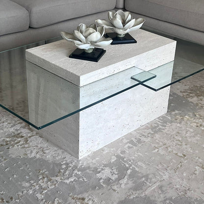 Modern Travertine & Glass Coffee Table – 140×70×45 cm